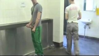 Big dick college classmates hand jobbing in public toilet
