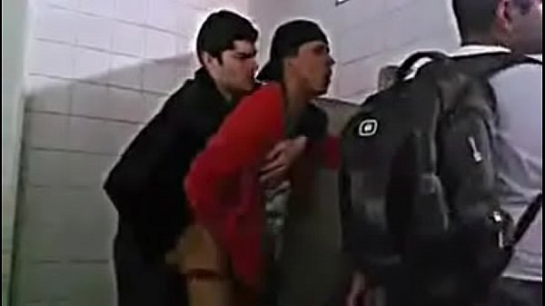 School dudes secret anal sex in the bathroom with lookout standing by